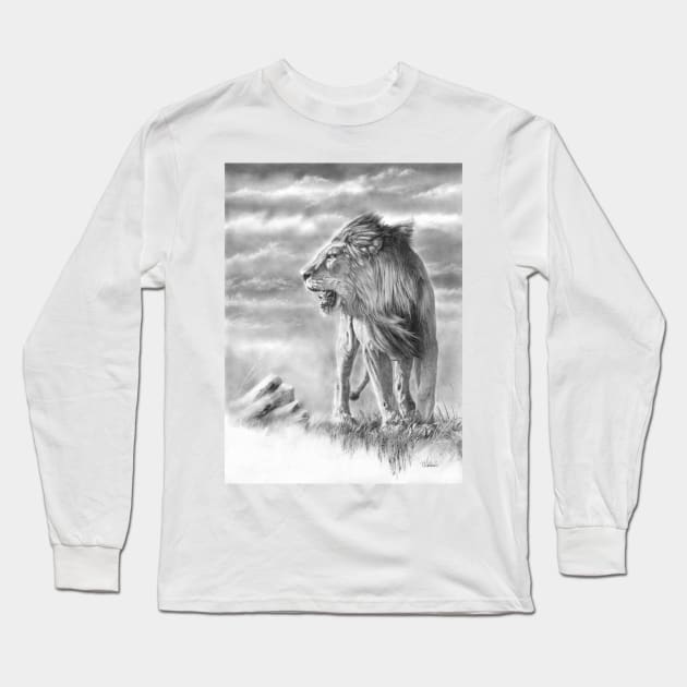 New Horizon - lion pencil drawing Long Sleeve T-Shirt by Mightyfineart